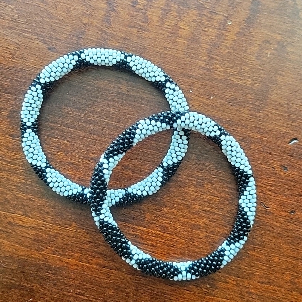 Set of 2 Handmade Glass seed Beaded Crochet Roll Over Nepal Bracelet